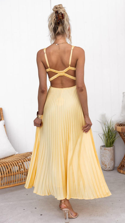 Nayeli - Elegantes Plissee V-Ausschnitt Maxikleid