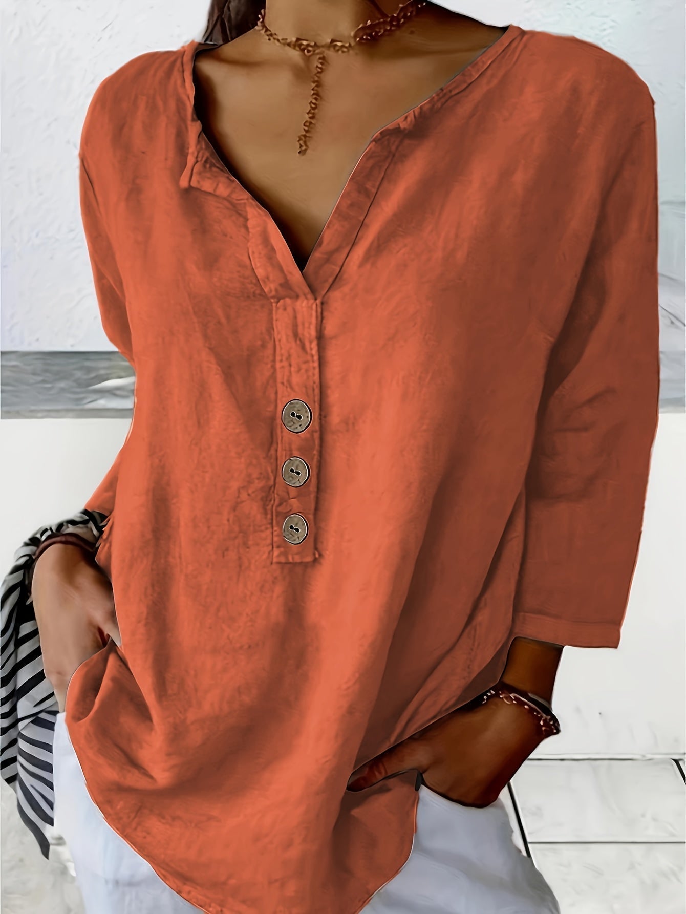 Harper™ - Lockere V-Ausschnitt Bluse mit Knöpfen