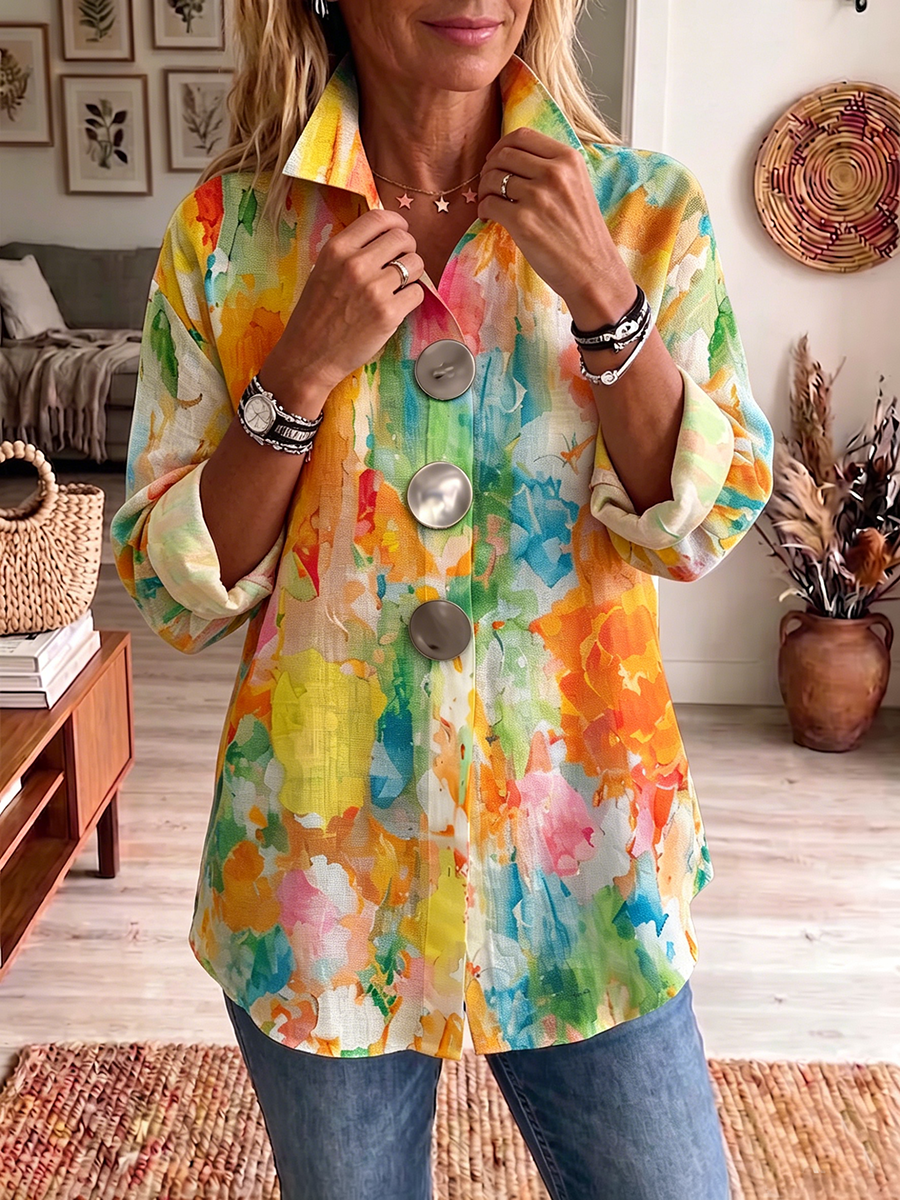 Metal-Button-Shirt mit künstlerischem Aquarell-Palette-Druck