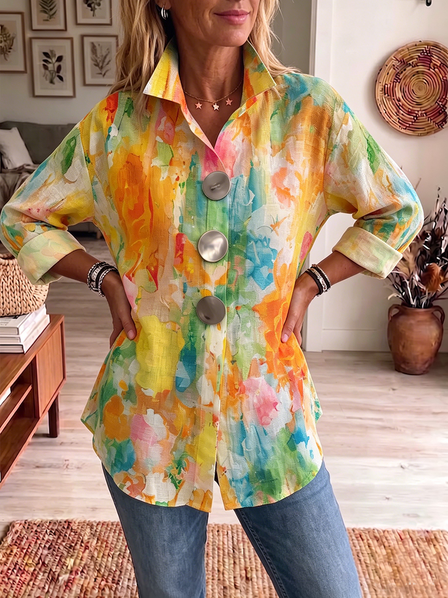 Metal-Button-Shirt mit künstlerischem Aquarell-Palette-Druck