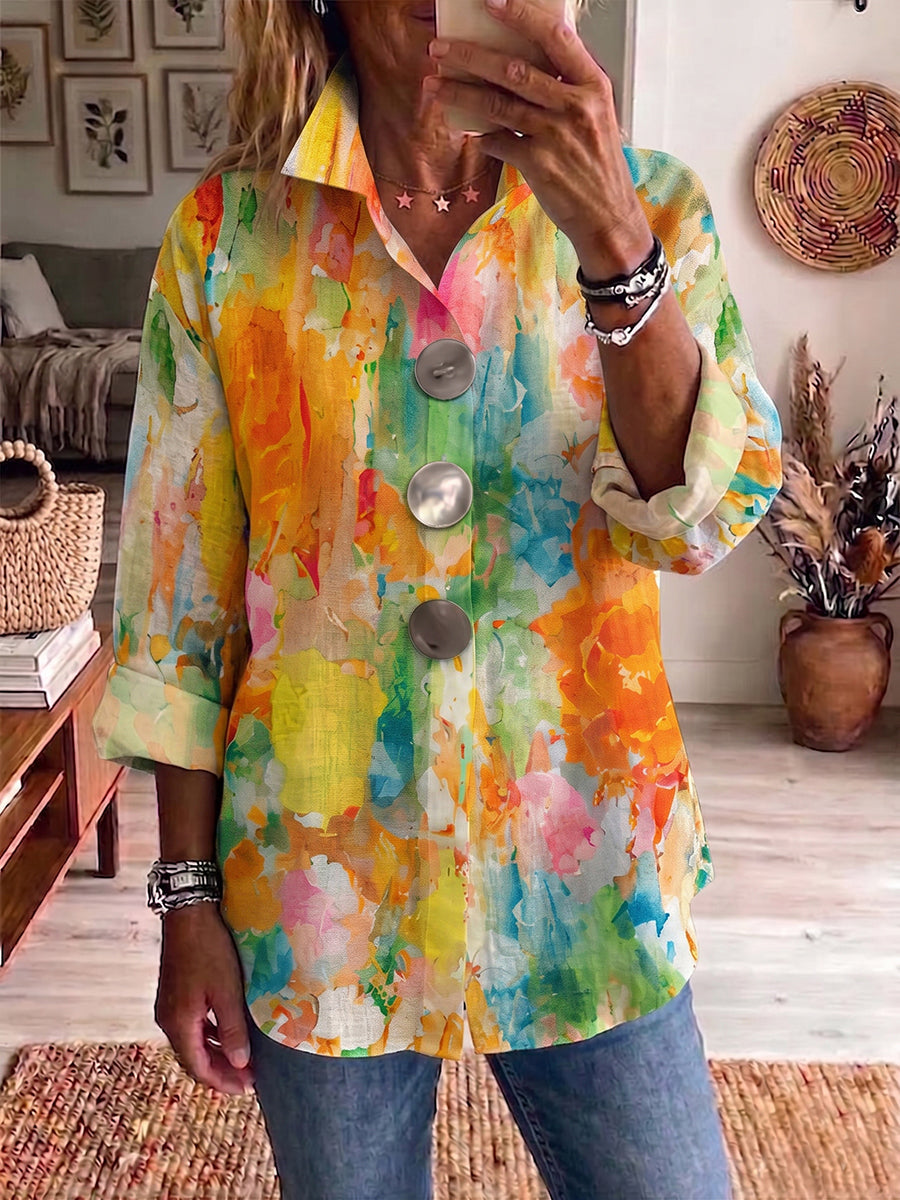 Metal-Button-Shirt mit künstlerischem Aquarell-Palette-Druck