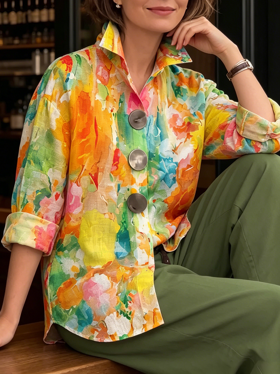 Metal-Button-Shirt mit künstlerischem Aquarell-Palette-Druck