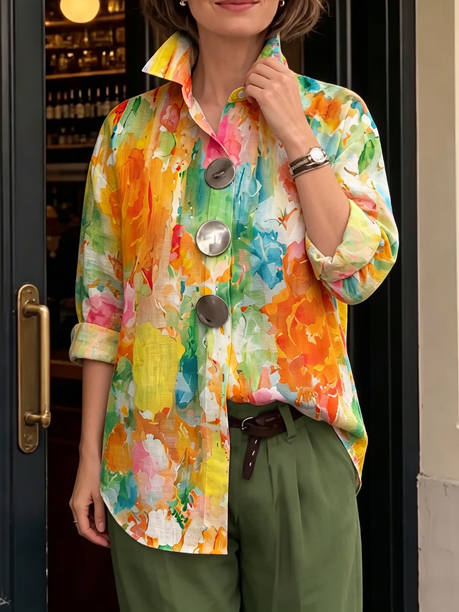 Metal-Button-Shirt mit künstlerischem Aquarell-Palette-Druck