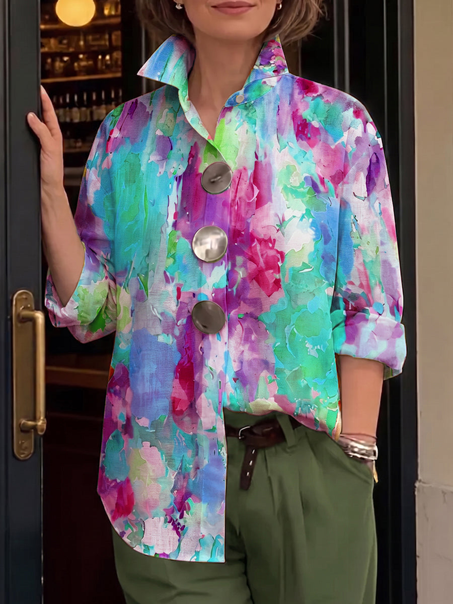 Metal-Button-Shirt mit künstlerischem Aquarell-Palette-Druck